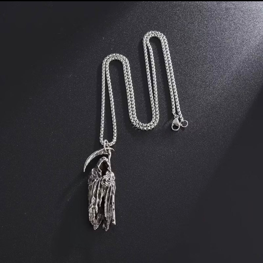 French Dark‑Aesthetic Silver Grim Reaper Scythe Necklace