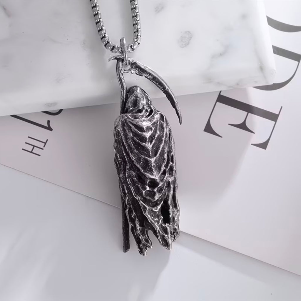 French Dark‑Aesthetic Silver Grim Reaper Scythe Necklace