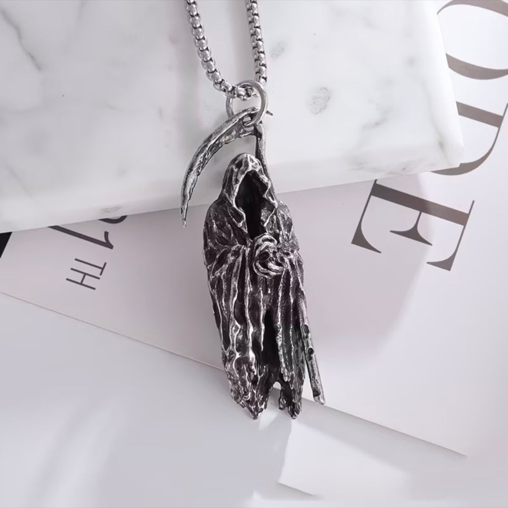 French Dark‑Aesthetic Silver Grim Reaper Scythe Necklace
