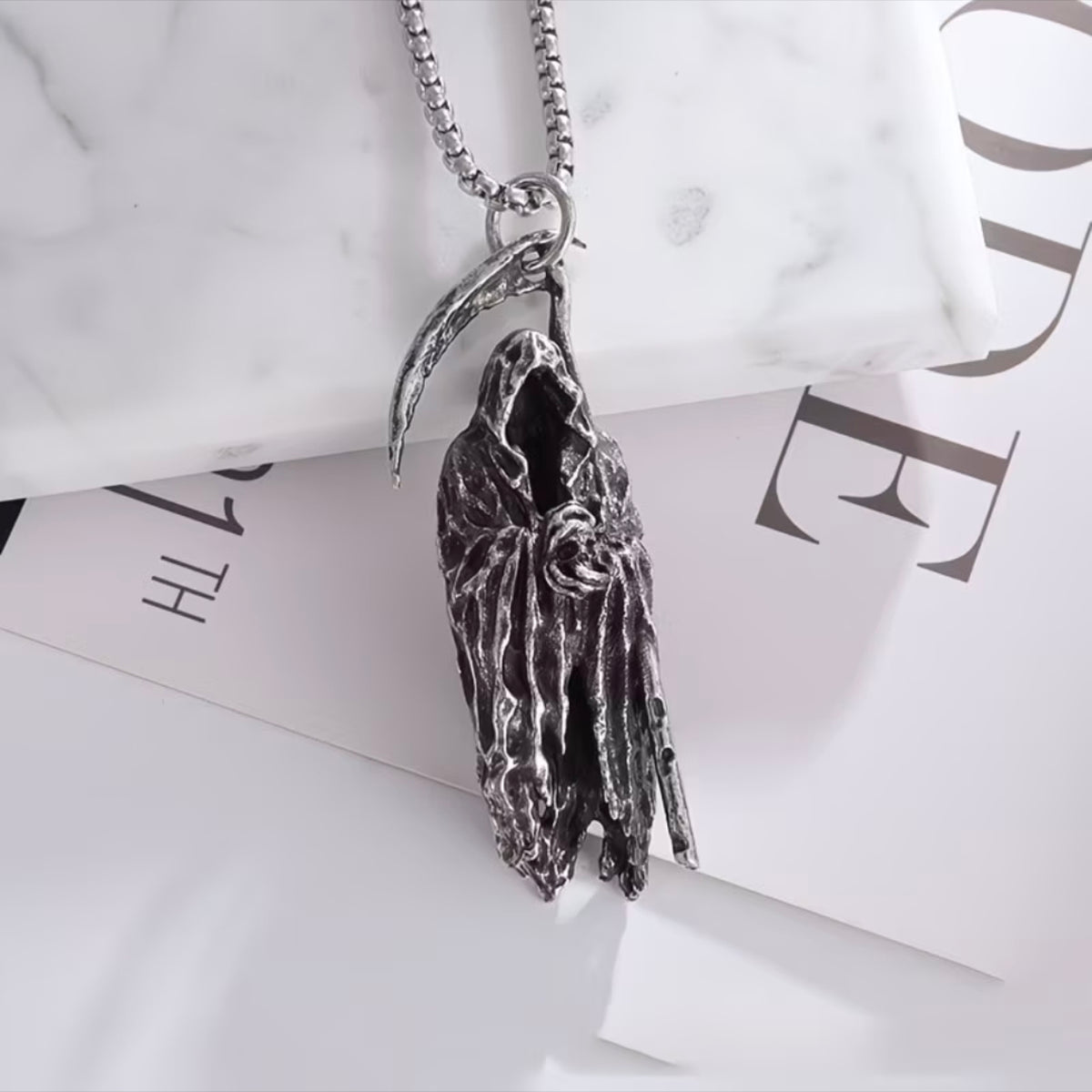 French Dark‑Aesthetic Silver Grim Reaper Scythe Necklace