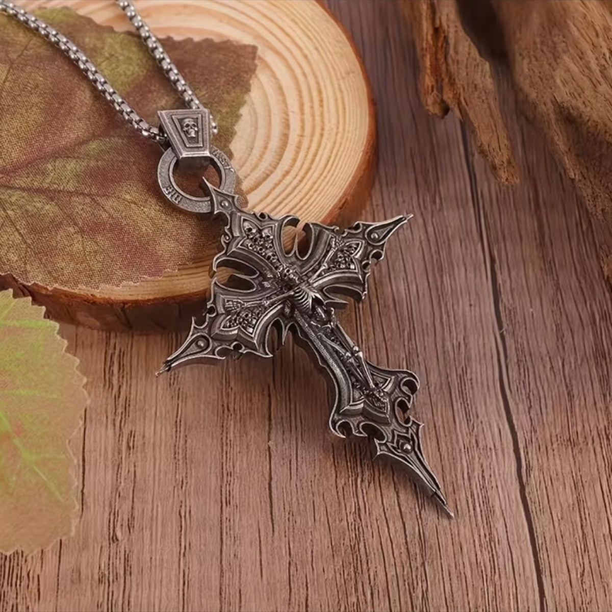 Vintage Gothic Nail-Cross Skull Pendant Necklace