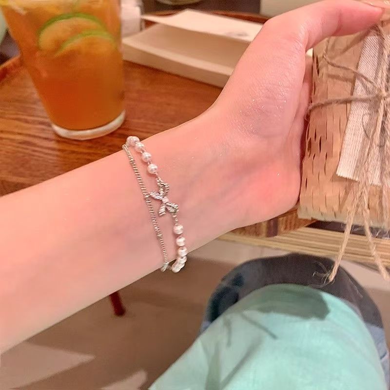 Double-Layer Bow Faux-Pearl Stacked Bracelet