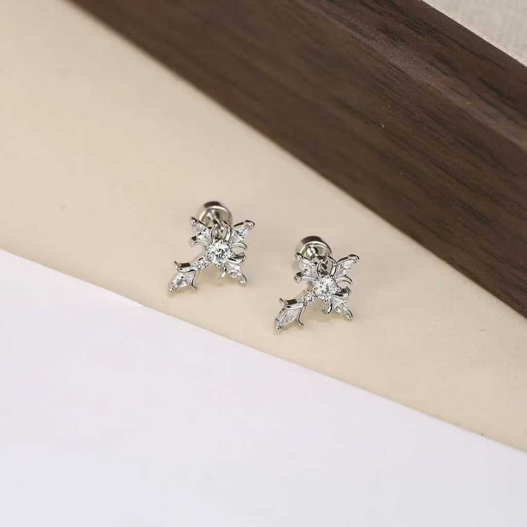 Thorn Iris Cross Full Paved Cubic-Zirconia Stud Earrings