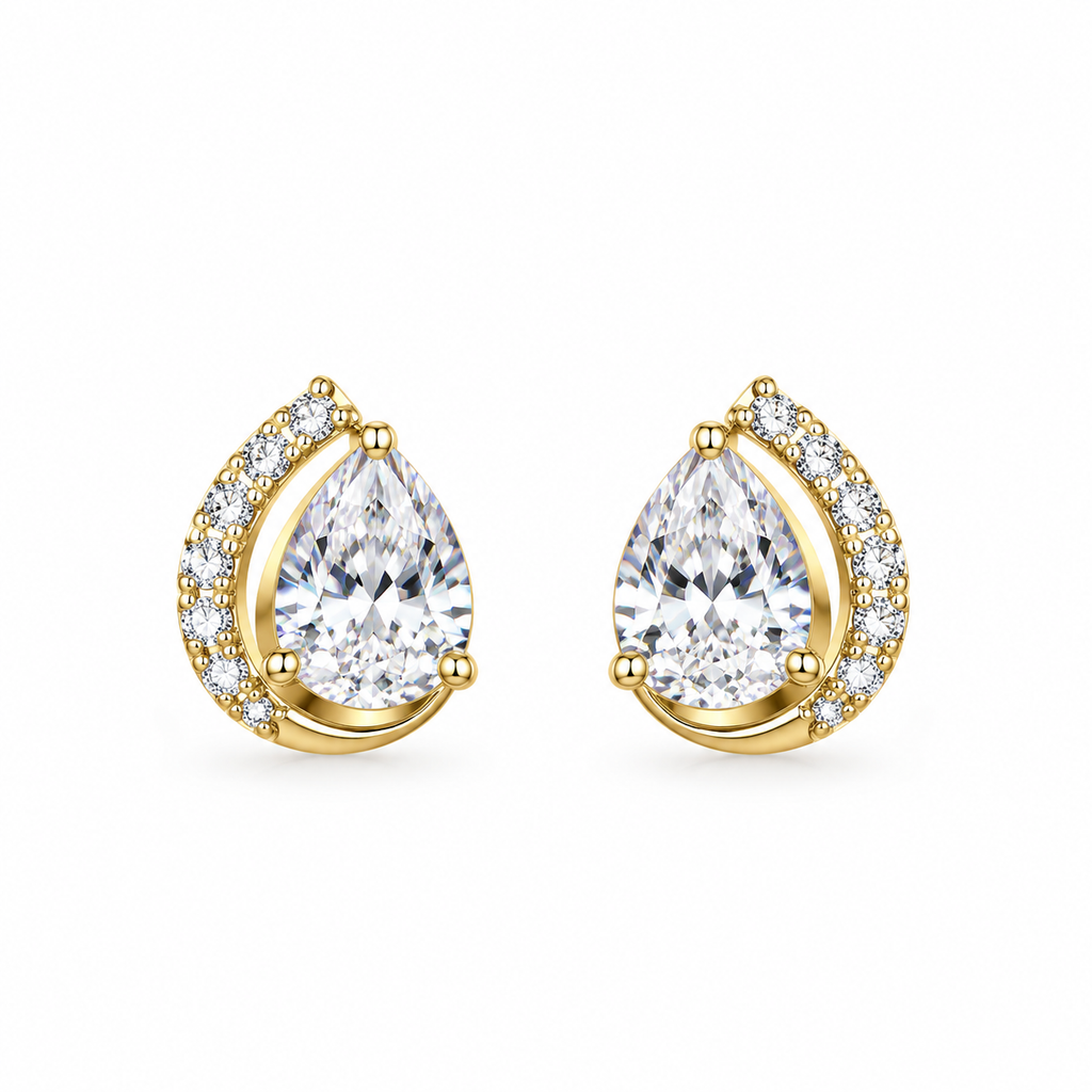 Sparkling Halo-Paved Gold-Toned Teardrop Cubic-Zirconia Stud Earrings