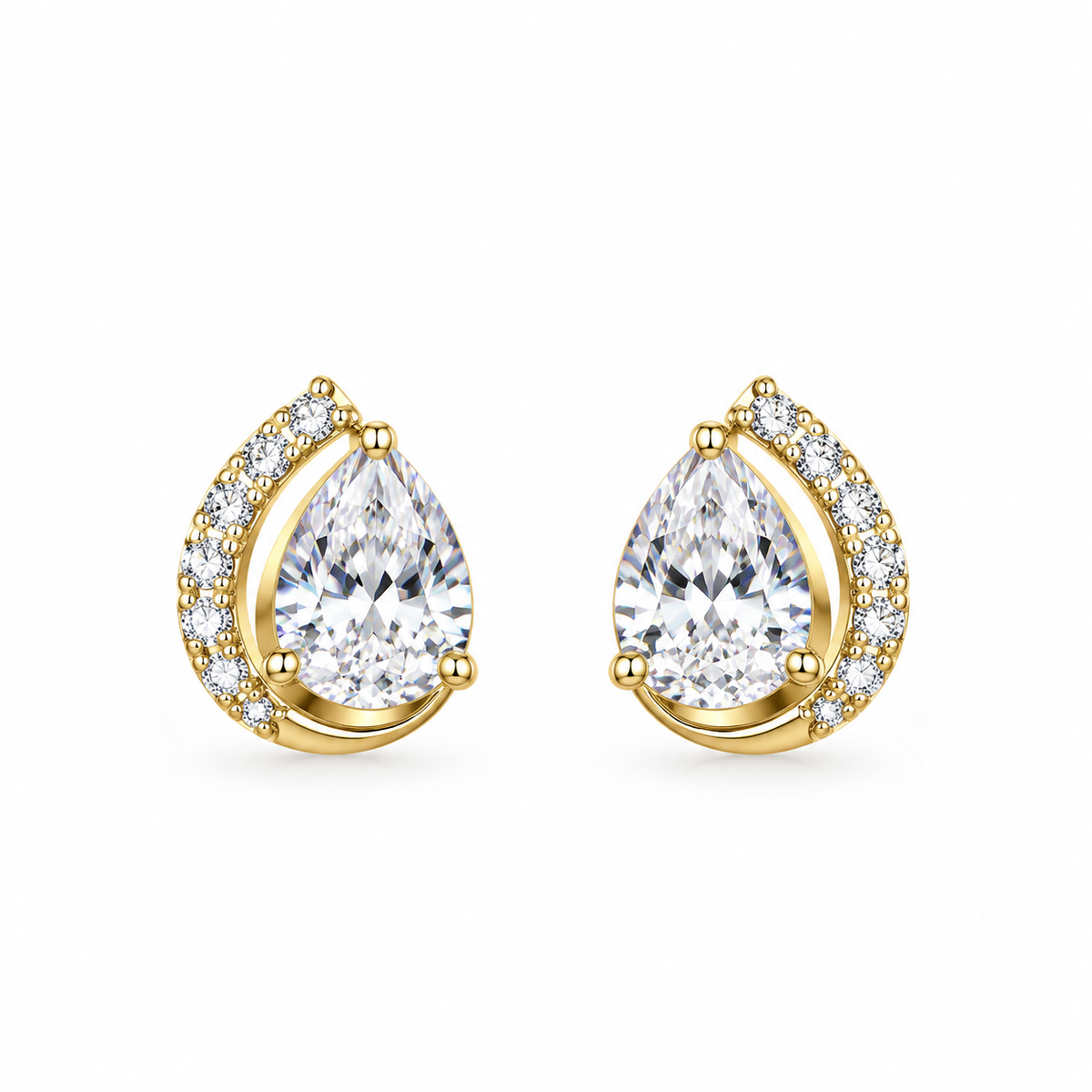 Sparkling Halo‑Paved Gold‑Toned Teardrop Cubic‑Zirconia Stud Earrings
