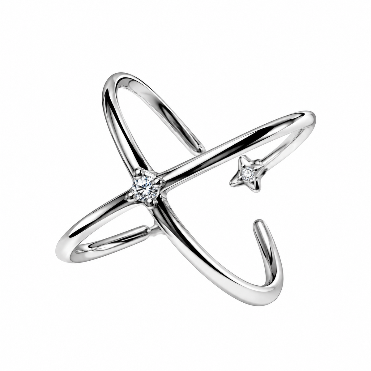Diamond-encrusted four-pointed star ring