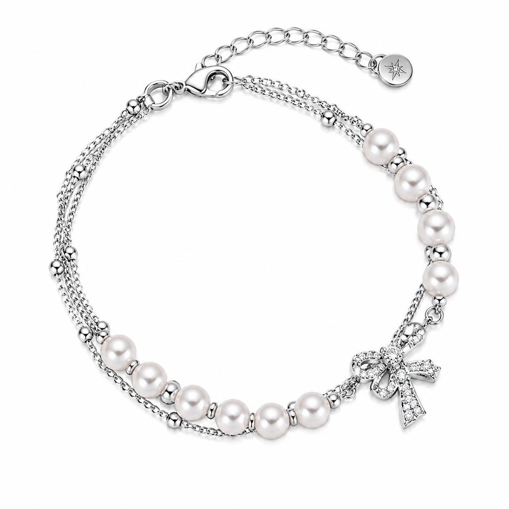 Double‑Layer Bow Faux‑Pearl Stacked Bracelet